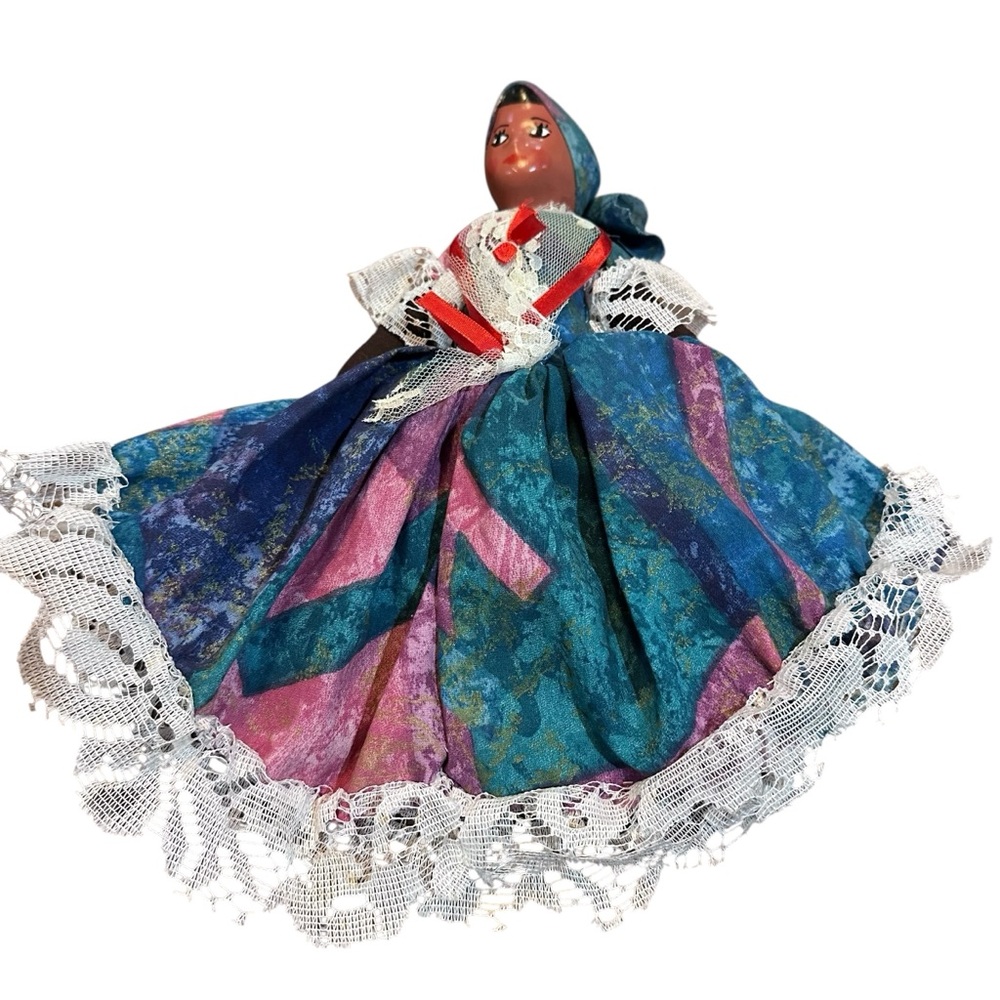 Folk Art Ceramic cloth rag doll with dress and head wrap vintage